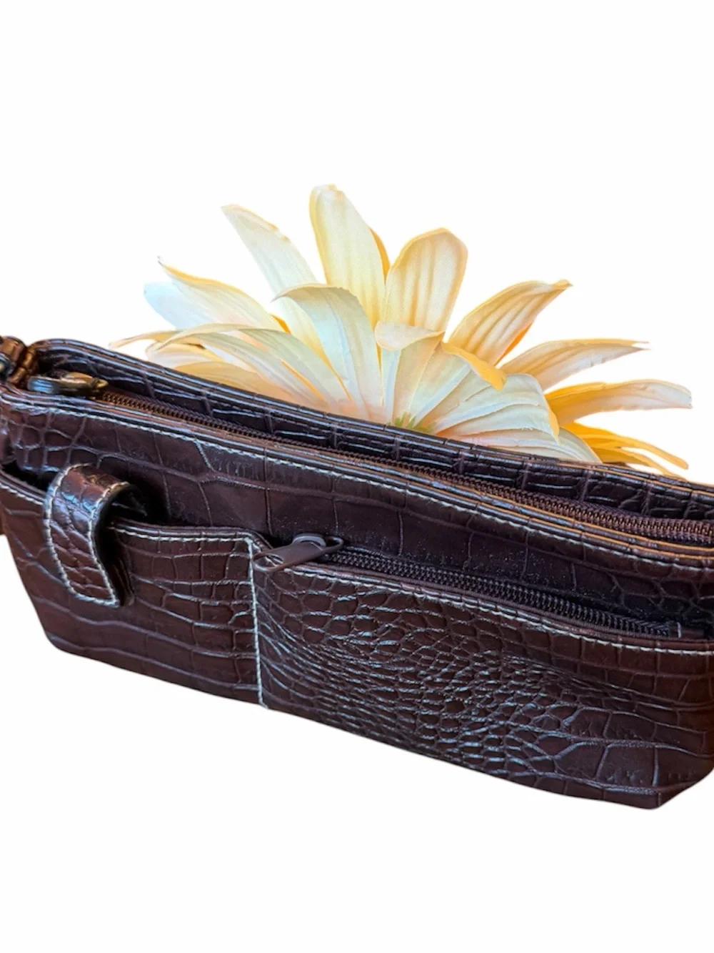 Floral Daisy Accent Wristlet - yellow & Brown, faux leather crocodile clutch